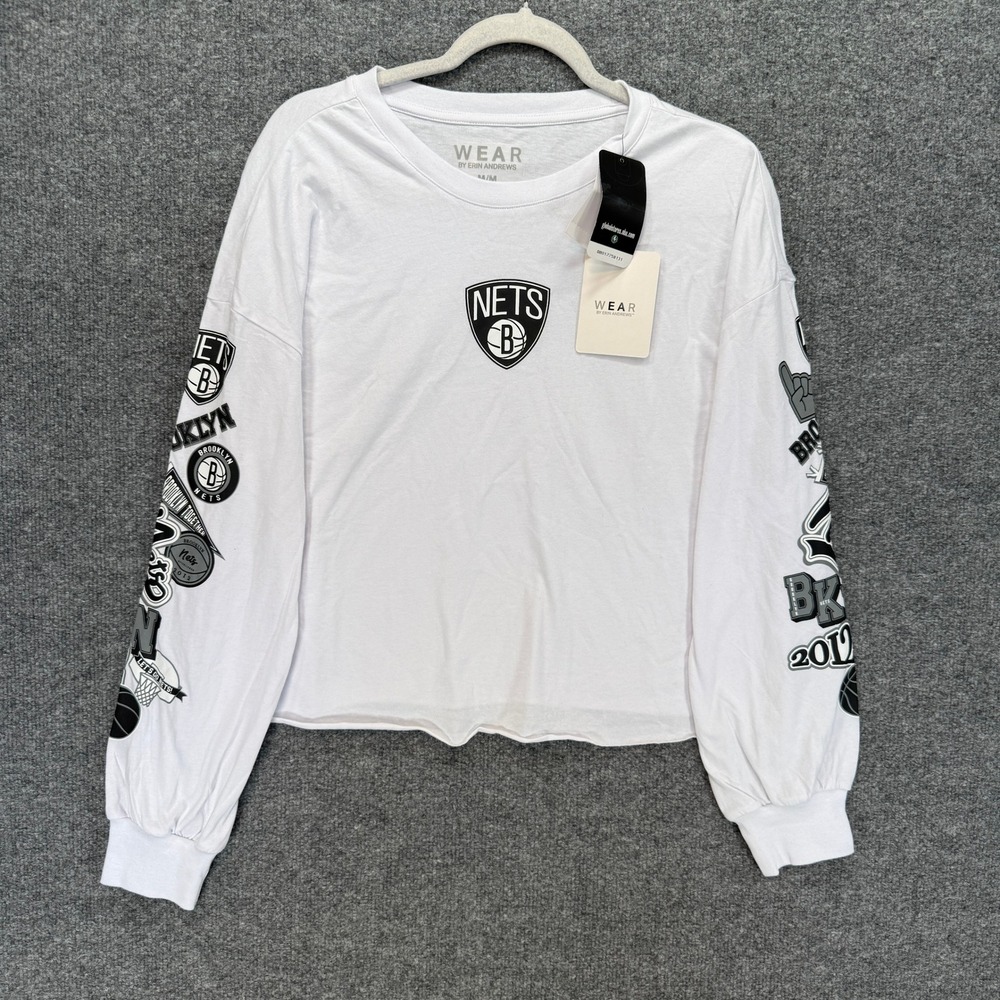 Brooklyn Nets Tshirt Womens Medium‎ White Cropped Long Sleeve Erin Andrews NEW
